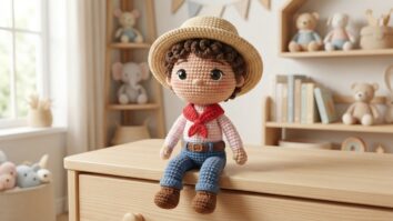 Boneco amigurumi de croche representando menino caipira com chapeu de palha, camisa rosa e calca jeans, posicionado em ambiente de decoracao infantil com tons neutros