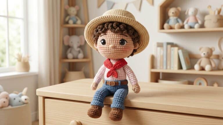 Boneco amigurumi de croche representando menino caipira com chapeu de palha, camisa rosa e calca jeans, posicionado em ambiente de decoracao infantil com tons neutros