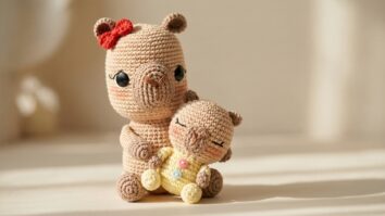 Dois amigurumis de croche, urso maior castanho com laco vermelho abracando boneco menor amarelo com botoes, em cenario neutro elegante com luz natural suave