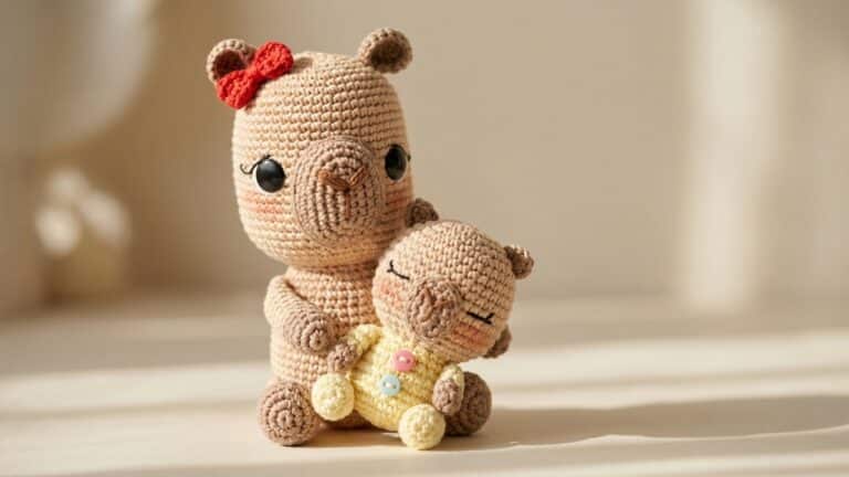 Dois amigurumis de croche, urso maior castanho com laco vermelho abracando boneco menor amarelo com botoes, em cenario neutro elegante com luz natural suave