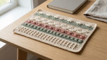 Mesa de trabalho minimalista com amostra de pontos de croche artesanal em cores diferentes mostrando texturas variadas sobre superficie de madeira clara