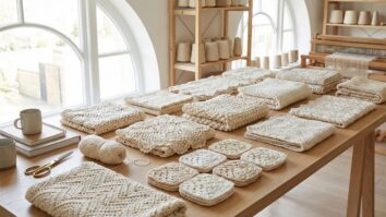 Atelie de croche com amostras de diferentes pontos artesanais em tons neutros sobre mesa de madeira
