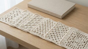 Mesa de trabalho minimalista com amostras de pontos de croche em off-white organizadas sobre madeira clara mostrando diferentes texturas