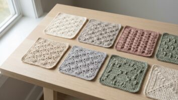 Mesa de trabalho organizada com amostras de pontos de croche artesanal em tons diferentes dispostas lado a lado, mostrando variedade de tramas sobre superficie de madeira clara