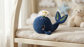 Baleia de croche azul marinho com flor branca e detalhes coloridos em cenario de quarto infantil com tons neutros e suaves
