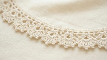 Close-up detalhado de bico de croche delicado em off-white com padrao de leques e picos mostrando textura de algodao e acabamento refinado