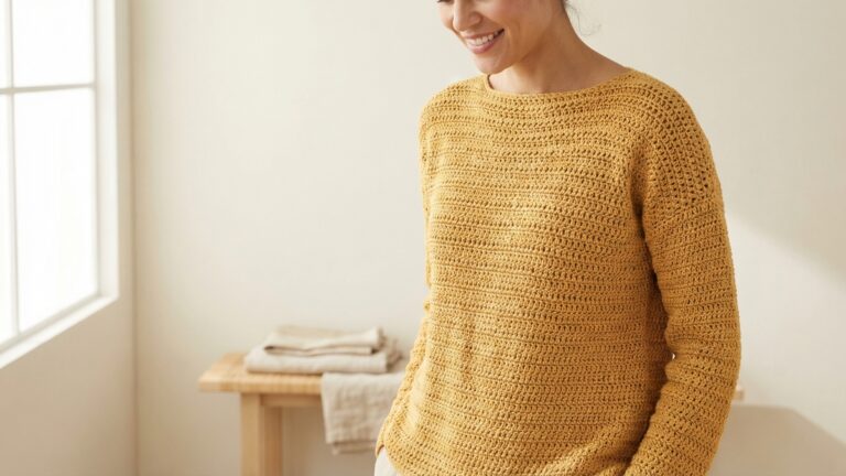 Mulher sorrindo usando blusa artesanal de croche amarela em estudio clean com iluminacao natural suave e estetica editorial minimalista