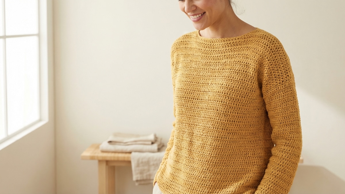 Mulher sorrindo usando blusa artesanal de croche amarela em estudio clean com iluminacao natural suave e estetica editorial minimalista