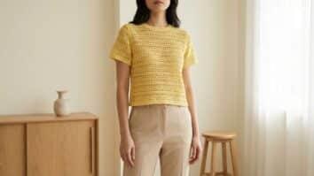 Mulher em estudio minimalista usando blusa artesanal de croche amarela com trama delicada e modelagem estruturada em composicao editorial elegante