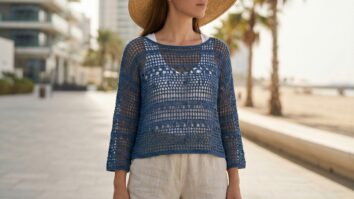 Mulher em cenario urbano ensolarado usando blusa de croche azul arejada com shorts de linho em ambiente entre praia e cidade