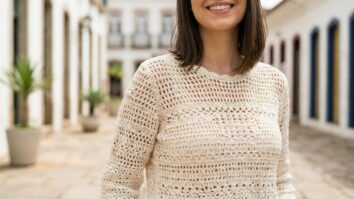 Blusa de croche artesanal branca em algodao centralizada na imagem com mulher sorrindo em ambiente urbano elegante