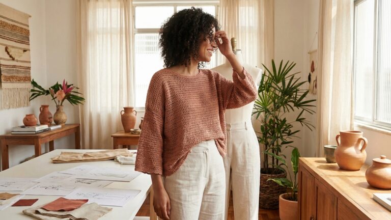 Mulher sorrindo usando blusa de croche artesanal elegante em estudio de moda com decoracao brasileira