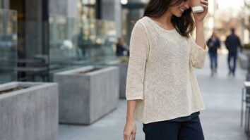 Mulher usando blusa de croche em fio fino elegante com mangas 3/4 em ambiente urbano minimalista