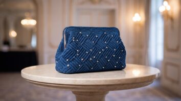 Bolsa clutch de croche artesanal de luxo em azul escuro com pedrarias delicadas sobre superficie de marmore claro em ambiente sofisticado