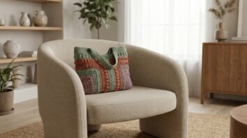 Bolsa moderna de croche artesanal em cor elegante sobre poltrona de design em ambiente contemporaneo minimalista com elementos organicos e sustentaveis