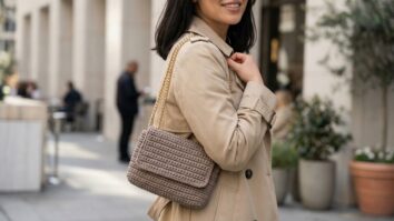Mulher sorrindo usando bolsa de croche shoulder bag minimalista com alca dourada em ambiente urbano sofisticado