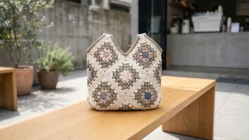 Bolsa de croche artesanal feita com squares coloridos em tons neutros apoiada sobre banco de madeira clara