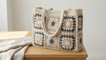 Bolsa de croche artesanal com squares em tons naturais sobre superficie clara, acessorio fashion exclusivo