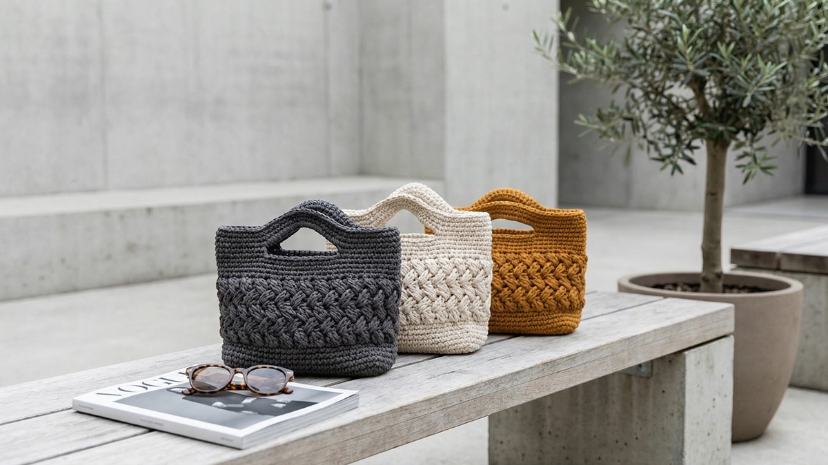 Ambiente urbano contemporaneo com bolsas artesanais de croche em cores modernas e sofisticadas dispostas sobre banco de madeira clara ao lado de oculos de sol elegantes e revista de moda fechada