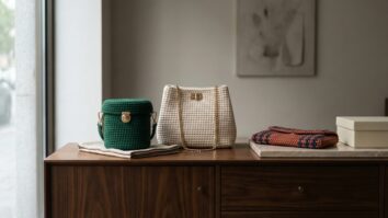 Bolsas de croche artesanal de luxo com ferragens douradas sobre mesa de marmore em ambiente de boutique sofisticada com iluminacao natural lateral