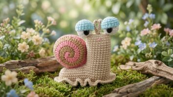 Boneca de caracol feita em croche com corpo bege e concha rosa e marrom em cenario natural com folhagens e flores ao fundo