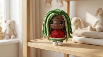 Boneca de croche artesanal com tema de melancia, cabelos verdes em dreads e vestido vermelho com detalhes, em cenario infantil com tons neutros