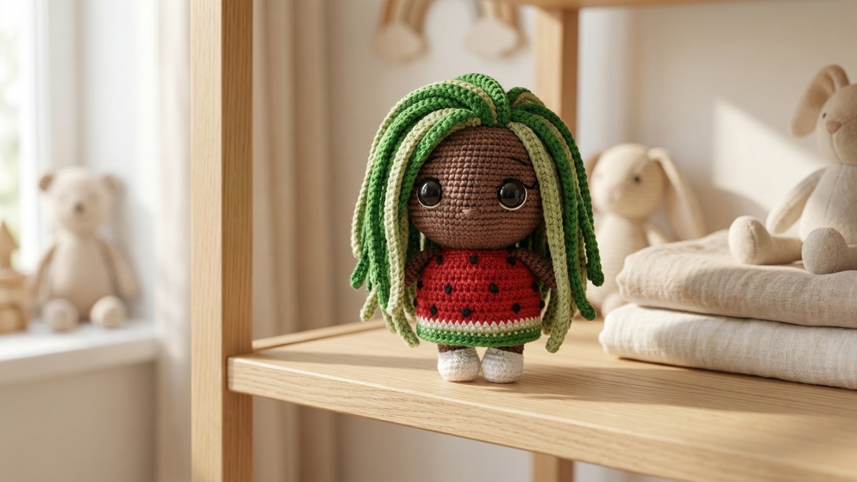 Boneca de croche artesanal com tema de melancia, cabelos verdes em dreads e vestido vermelho com detalhes, em cenario infantil com tons neutros