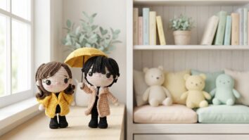 Duas bonecas de croche amigurumi de dorama em quarto infantil com decoracao suave e luz natural, uma com casaco amarelo e outra com guarda-chuva