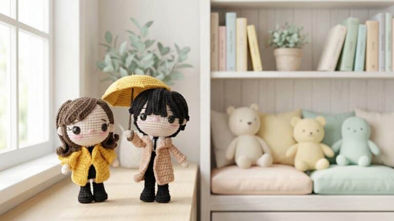 Duas bonecas de croche amigurumi de dorama em quarto infantil com decoracao suave e luz natural, uma com casaco amarelo e outra com guarda-chuva