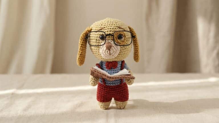 Cachorro de croche com oculos e roupa segurando livro sobre superficie neutra com iluminacao natural suave