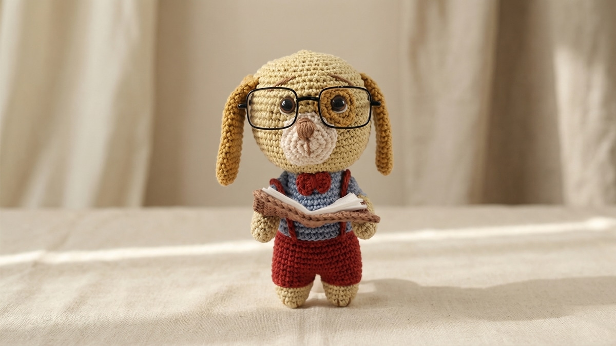 Cachorro de croche com oculos e roupa segurando livro sobre superficie neutra com iluminacao natural suave