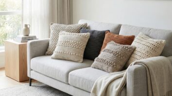 Sala de estar moderna com capas de almofada em croche de diferentes estilos e cores sobre sofa neutro