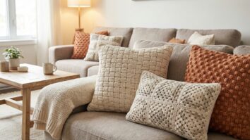 Conjunto de capas de almofadas de croche com tecnicas variadas em tons terrosos sobre sofa neutro em sala boho chic