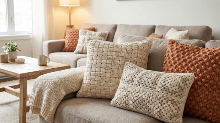 Conjunto de capas de almofadas de croche com tecnicas variadas em tons terrosos sobre sofa neutro em sala boho chic