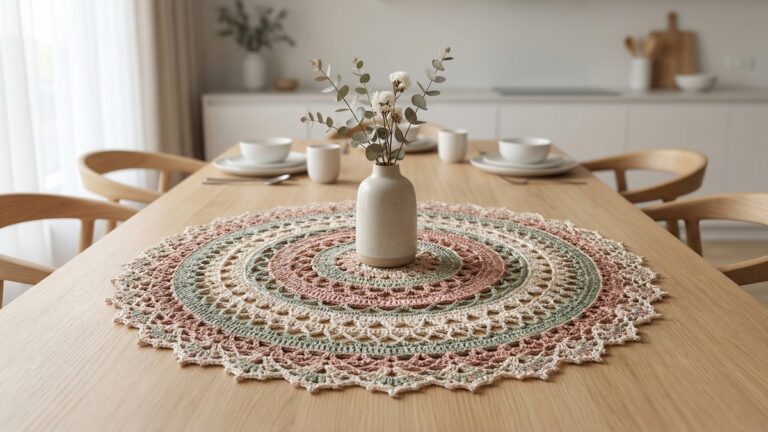 Mesa de jantar moderna com centro de mesa artesanal de croche em cores elegantes com vaso de ceramica e flores sobre superficie de madeira clara