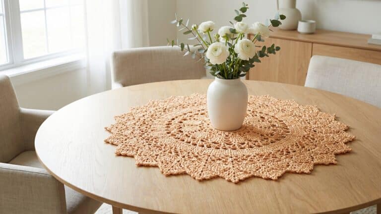 Mesa de jantar elegante com centro de mesa de croche em laranja sob arranjo de flores brancas em vaso ceramico neutro