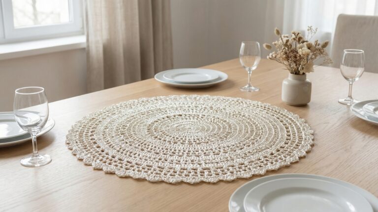 Mesa de jantar elegante com centro de mesa redondo de croche em seda sintetica posicionado ao centro