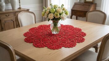Mesa de jantar elegante com centro de mesa em croche vermelho classico com desenhos de abacaxi e flores, vaso com arranjo floral neutro ao centro