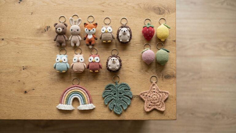 Vista de cima de colecao de chaveiros de croche e amigurumi artesanais organizados sobre bancada de madeira clara