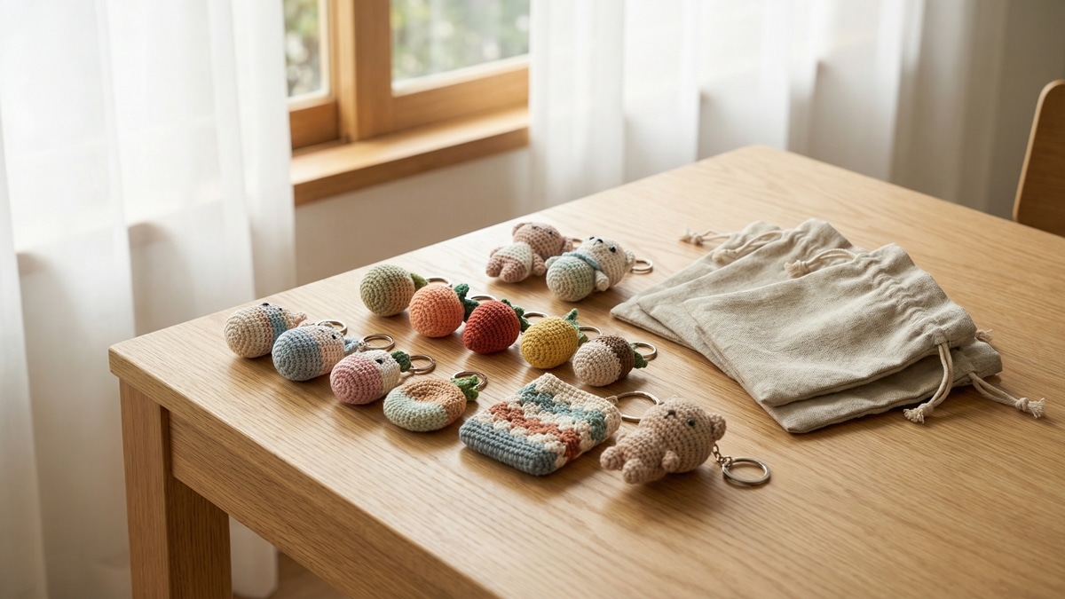 Chaveiros de croche artesanais em tons variados dispostos sobre superficie de madeira clara ao lado de bolsas de tecido neutro