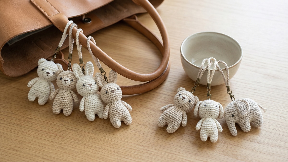 Chaveiros de croche artesanal em tons naturais off-white, bege e cru, pendurados como bag charms em bolsa de couro neutra sobre superficie de madeira clara, em cenario boho chic com iluminacao natural difusa