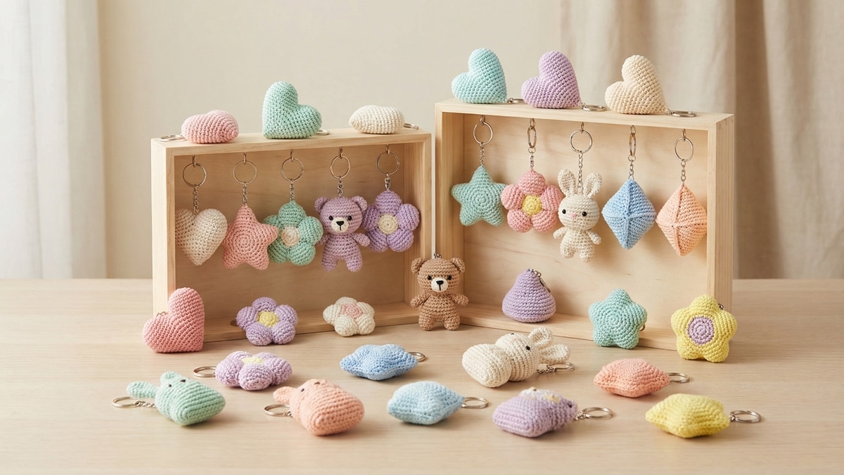 Colecao de chaveiros artesanais de croche em cores pastel variadas sobre mesa clara com iluminacao natural e composicao editorial delicada
