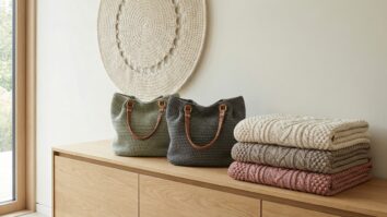 Bolsas e mantas de croche moderno artesanal com mix de materiais incluindo algodao, metal e couro sobre mesa de madeira clara em ambiente minimalista contemporaneo