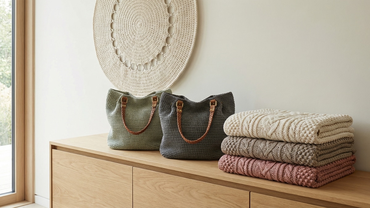 Bolsas e mantas de croche moderno artesanal com mix de materiais incluindo algodao, metal e couro sobre mesa de madeira clara em ambiente minimalista contemporaneo
