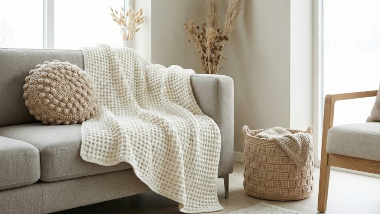 Sala de estar contemporanea com pecas de croche em pontos tendencia 2026: manta waffle, almofada puff stitch e cesto basketweave em tons naturais