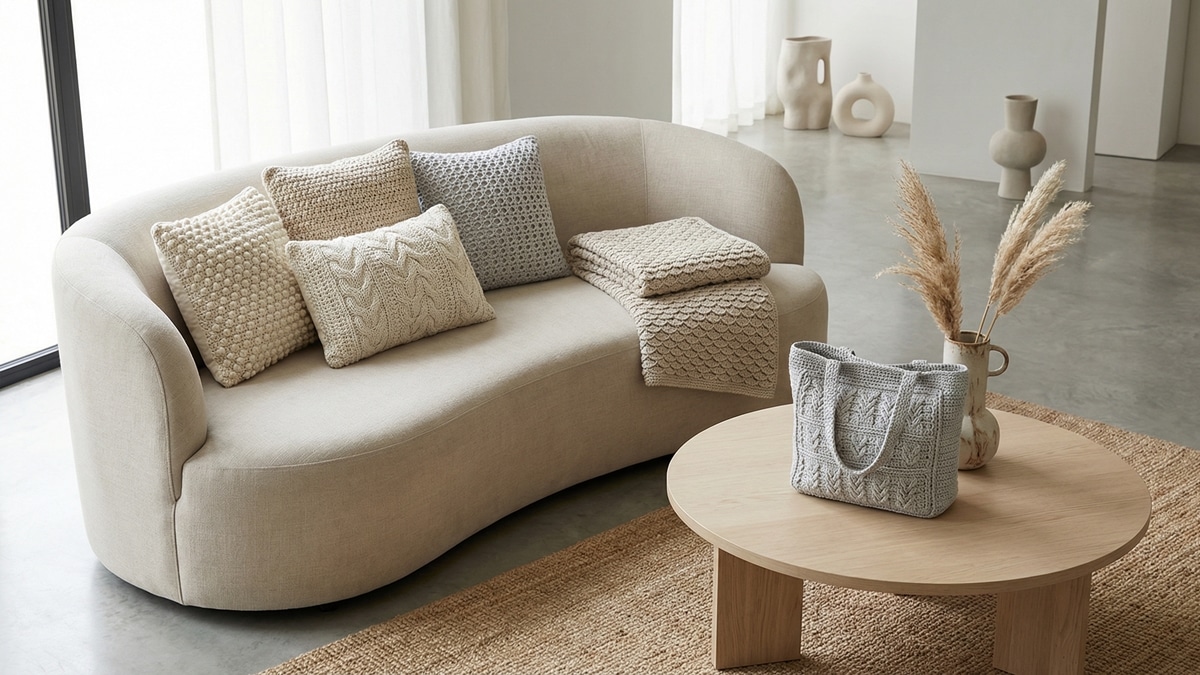 Pecas de croche artesanal em tons neutros com diferentes texturas modernas incluindo pontos pipoca, escama e tramas rendadas sobre sofa e mesa em ambiente minimalista