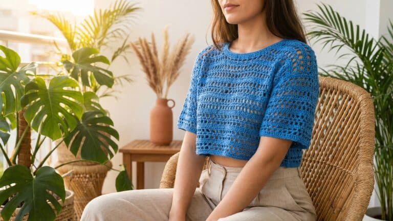 Mulher em varanda ensolarada de verao usando cropped artesanal de croche azul com trama aberta em composicao boho contemporanea com plantas tropicais