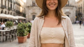 Mulher sorrindo usando cropped de croche tube top em tom neutro em ambiente urbano descontraido de verao