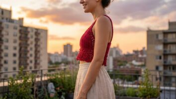 Mulher usando cropped de croche vermelho com trama rendada moderna em rooftop urbano ao entardecer com saia bege