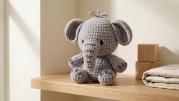 Elefante de croche em tons de cinza sobre superficie de madeira em quarto infantil com decoracao neutra e luz natural suave